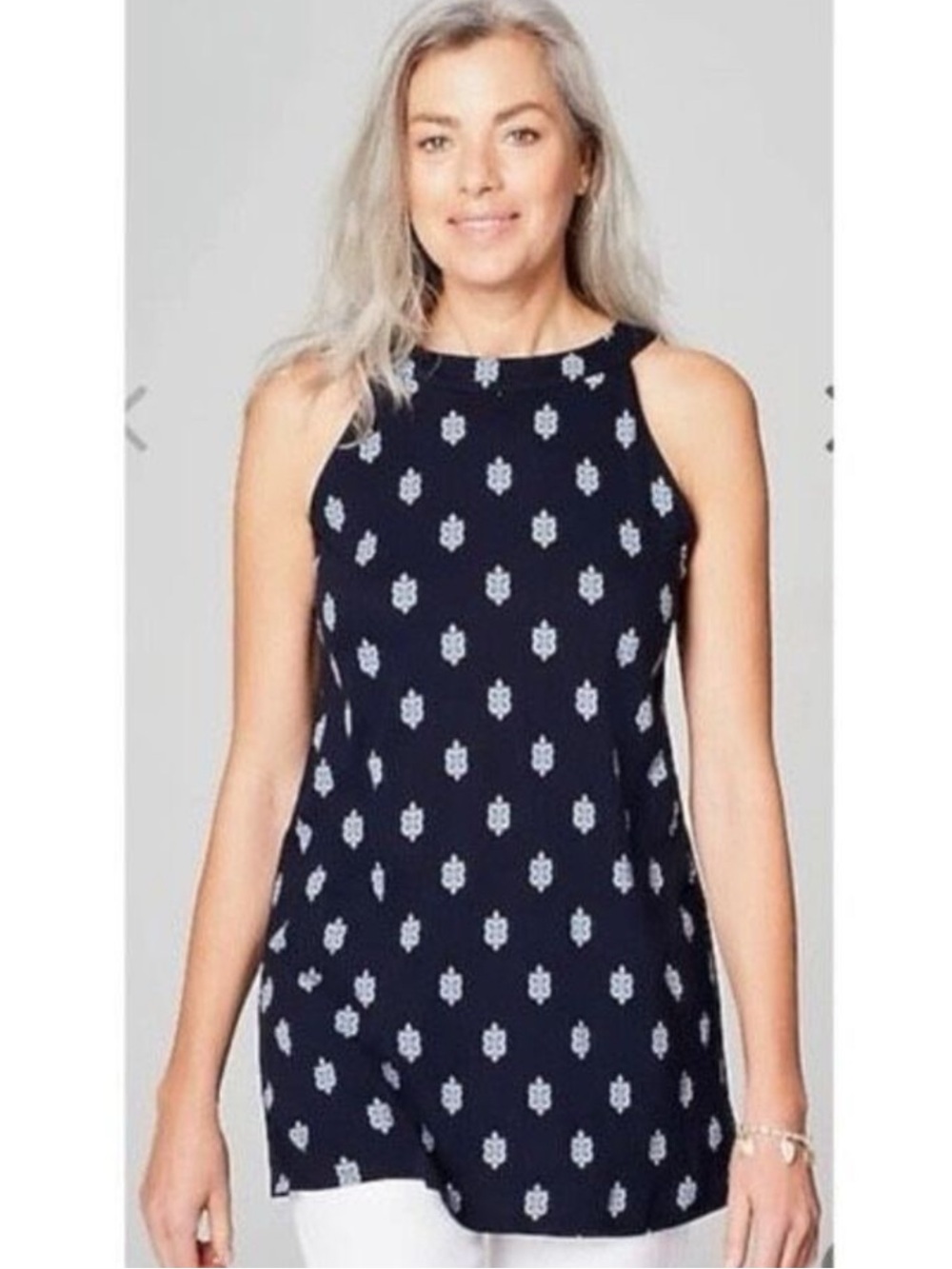 J Jill Medallion Print Tunic Tank Sz L w MEASUREMENTS Navy Blue